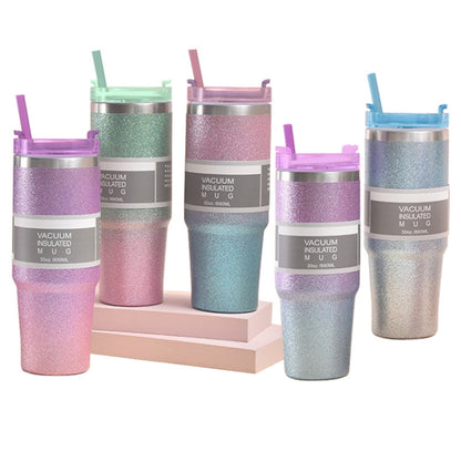 Glitter Insulation Coffee Cup Double Layer Ice Cup Stainless Steel Car Cup With Straw, 30oz