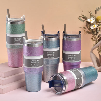 Glitter Insulation Coffee Cup Double Layer Ice Cup Stainless Steel Car Cup With Straw