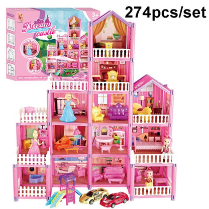 DSJ55-C 220pcs /Set Children Passing Domestic Toy Doll House Princess Castle Set Simulation Disguise House, DSJ55-1 105pcs/set, DSJ55-2 126pcs/set, DSJ55-3 149pcs/set, DSJ55 162pcs/set, DSJ55-B 214pcs/set, DSJ55-C 222pcs/set, DSJ55-A 274pcs/set