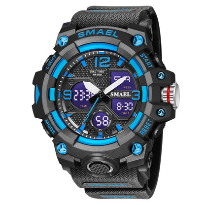 SMAEL 8008 Montre Homme Sport Plein Air Multifonction Étanche Lumineuse, Noir Bleu