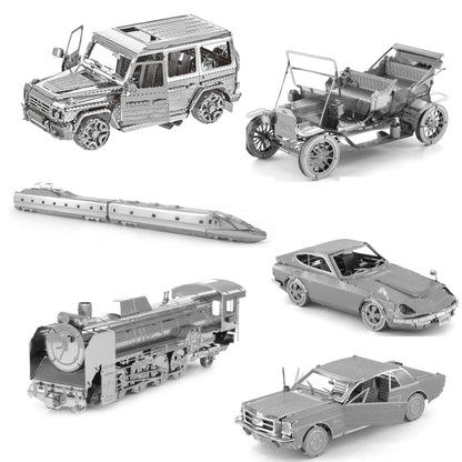 3D Three-dimensional Metal Car Assembly Model DIY Puzzles Toy, 1908 T-shaped Cars, 1965 Mustang, Kart, BZS G500, Cable Car, Taxi, Fire Truck, Bullet Train, Nissans Coupe, D51 Train Head, KMK F450, MSL 3.0T, Penny Farthing, Sportcar, Half-track Motorcyc...