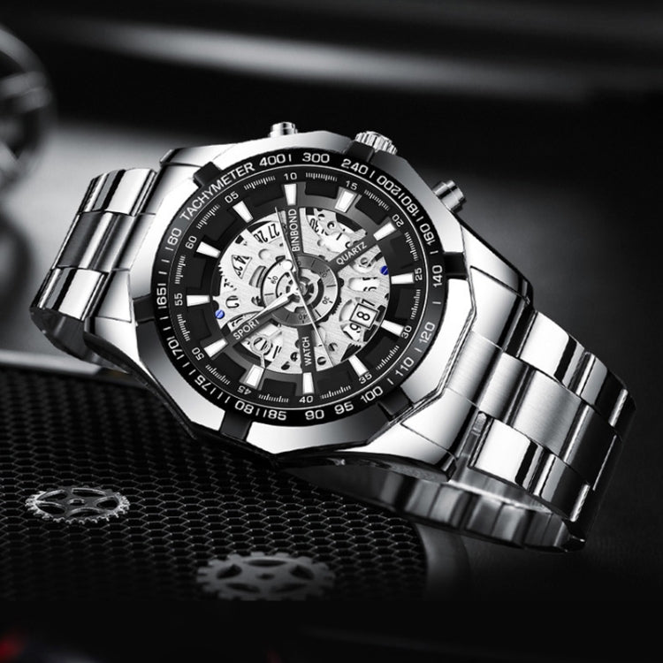 BINBOND S033 Hollowed Mechanical 30m Waterproof Luminous Quartz Watch, Black Steel-Black-White, Black Steel-Black-Gold, Black Steel-Black-Rose Gold, Full Gold-Black-Gold, Black Steel-Rose Gold-Black, Blue Steel-Blue, White Steel-Black, White Steel-White
