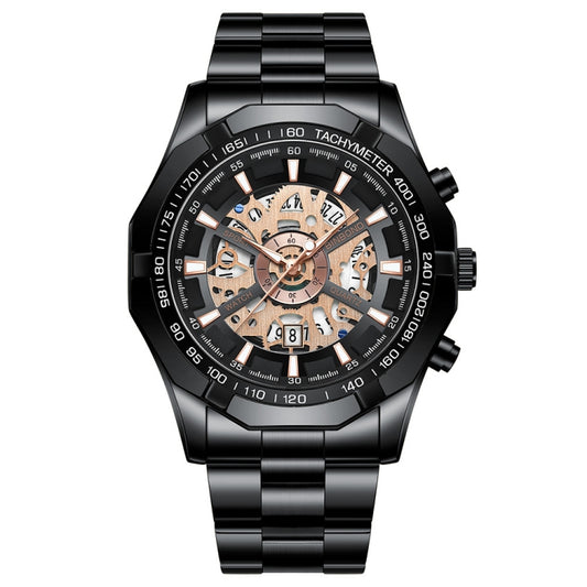 Montre à quartz mécanique creuse BINBOND S033, étanche à 30 m, lumineuse, coloris acier noir-noir-blanc, acier noir-noir-or, acier noir-noir-or rose, or-noir-or, acier noir-or rose-noir, acier bleu-bleu, acier blanc-noir, acier blanc-blanc
