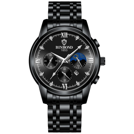 Montre homme BINBOND B3591 étanche à 30 m avec calendrier lumineux, or rose-noir, or rose-blanc, acier noir-noir, acier blanc-noir, acier blanc-blanc, cuir marron-rose-noir, cuir marron-rose-blanc, cuir noir-blanc-noir, cuir marron-blanc-blanc...