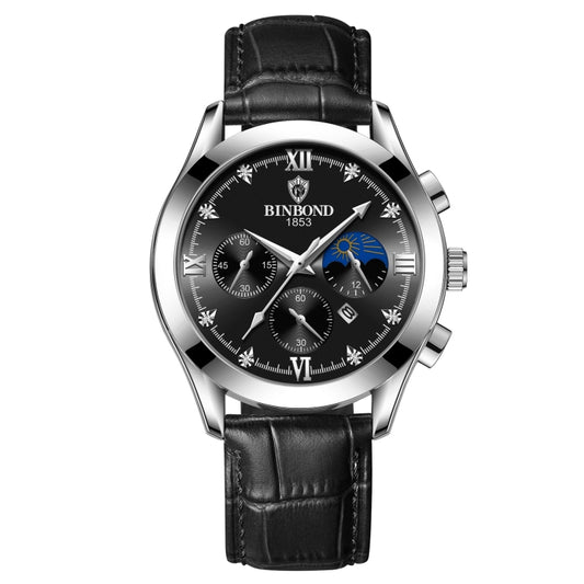 Montre homme BINBOND B3591 étanche à 30 m avec calendrier lumineux, or rose-noir, or rose-blanc, acier noir-noir, acier blanc-noir, acier blanc-blanc, cuir marron-rose-noir, cuir marron-rose-blanc, cuir noir-blanc-noir, cuir marron-blanc-blanc...