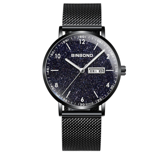 Montre BINBOND B3820 étanche à 30 m, ultra-mince, à quartz, lumineuse et étoilée, bracelet en maille noire et noire étoilée, bracelet en maille blanche et blanche étoilée, bracelet en cuir noir et or rose étoilé, bracelet en cuir noir et or rose étoilé...