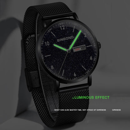BINBOND B3820 30M Waterproof Ultra-thin Quartz Luminous Starry Watch, Black Net-Black-Starry