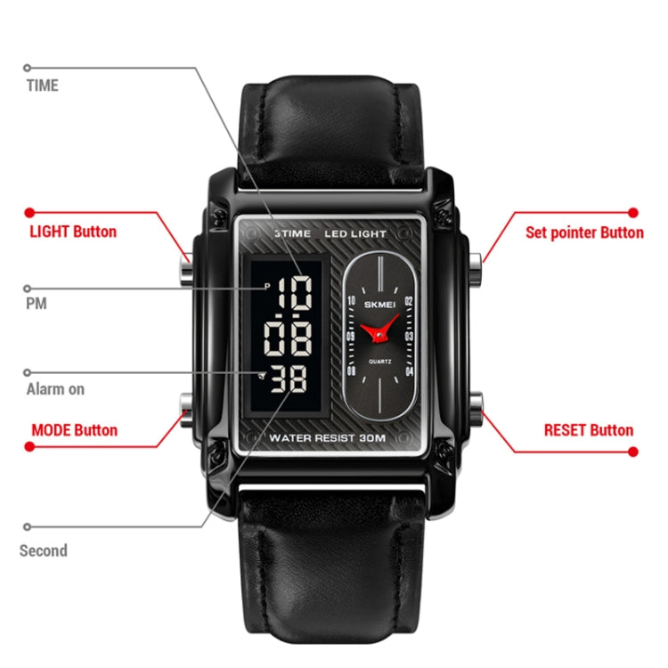 SKMEI 1868 Square Double Display Waterproof Men Watch, Style:, Steel Belt (Black), Leather Belt (Black), Steel Belt (Rose Gold), Leather Belt (Rose Gold), Steel Belt (Gold), Leather Belt (Gold), Steel Belt (Silver), Leather Belt (Silver)