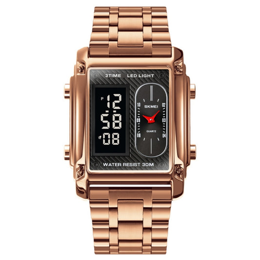 SKMEI 1868 Square Double Display Waterproof Men Watch, Style:, Steel Belt (Rose Gold), Leather Belt (Rose Gold)