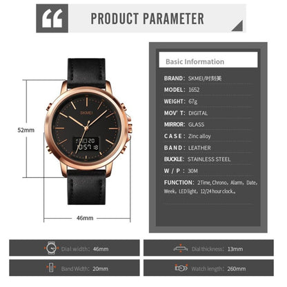 SKMEI 1652 Dual Movement Sports Leather Alloy Male Watch, Rose Gold Shell White Machine, Rose Gold Shell Black Machine, Gold Shell White Machine, Gold Shell Black Machine, Black Shell White Machine, Black Shell Black Machine, Silver Shell White Machine...