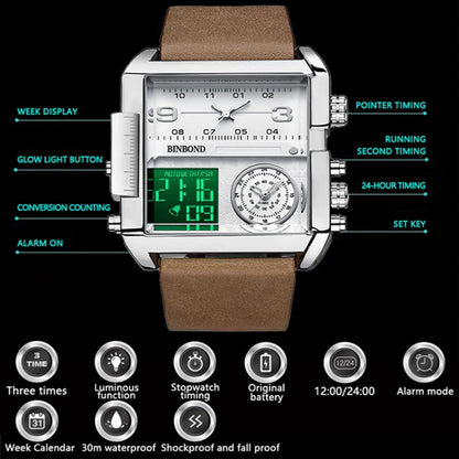 Montre BINBOND B3332 à quartz sport multifonction étanche de forme carrée
