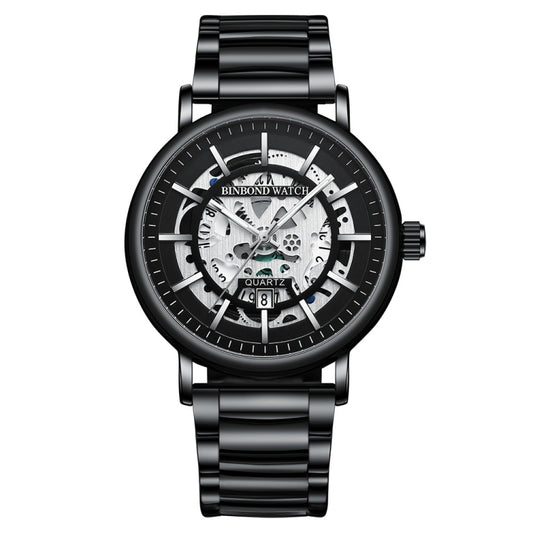 Montre à quartz multifonctionnelle BINBOND B7872, creuse, lumineuse et étanche, coloris acier noir-noir-blanc, acier blanc-noir-blanc, or-noir-or, cuir noir-noir-noir, cuir noir-blanc-noir, cuir noir-or-noir