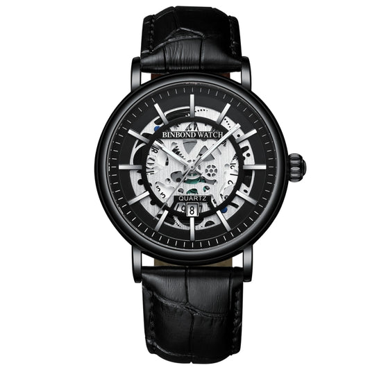 Montre à quartz multifonctionnelle BINBOND B7872, creuse, lumineuse et étanche, coloris acier noir-noir-blanc, acier blanc-noir-blanc, or-noir-or, cuir noir-noir-noir, cuir noir-blanc-noir, cuir noir-or-noir