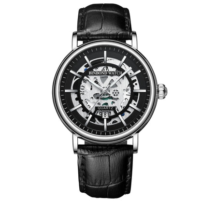 BINBOND B7872 Multifunctional Hollow Luminous Waterproof Quartz Watch, Black Steel-Black-White, Black Leather-Black-Black, Black Leather-White-Black