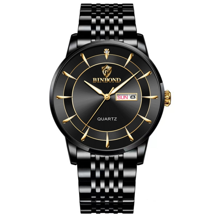 BINBOND B2077 30M Waterproof Quartz Luminous Watch Butterfly Buckle Men's Steel Belt Watch