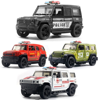 1:36 Véhicule tout-terrain de police, modèle de voiture d'ambulance, jouet pour garçon avec son et lumière, voiture de police, voiture d'ambulance, camion de pompiers, armée