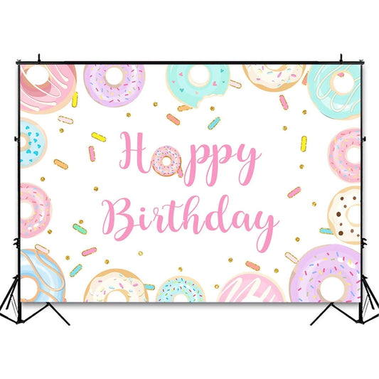 Toile de fond d'anniversaire pour enfants avec motifs de donuts, 150x100cm, 180x180cm, 210x150cm, 210x180cm