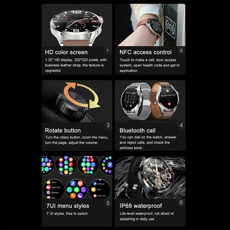 Sports Health Monitoring Waterproof Smart Call Watch With NFC Function, Black-Black Silicone, Black-Black Leather, Black-Black Steel, Silver-Red Silicone, Silver-Brown Leather, Silver-Silver Steel, Black-Black Leather+Black Silicone                    ...