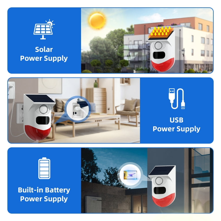 Infrared Motion Detector Solar Outdoor PIR Wireless Strobe Siren Detector Sound Alarm, CT80R USB Upgrade Model