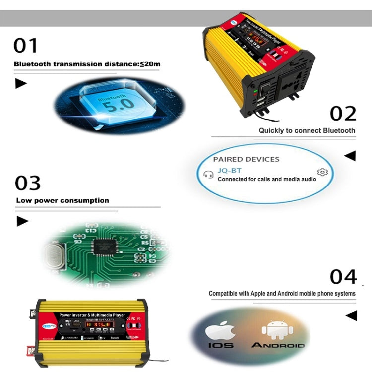 SOLIKE TECH 300W Inverter with Bluetooth MP3/FM Multimedia Player, 12V to 110V, 12V to 220V