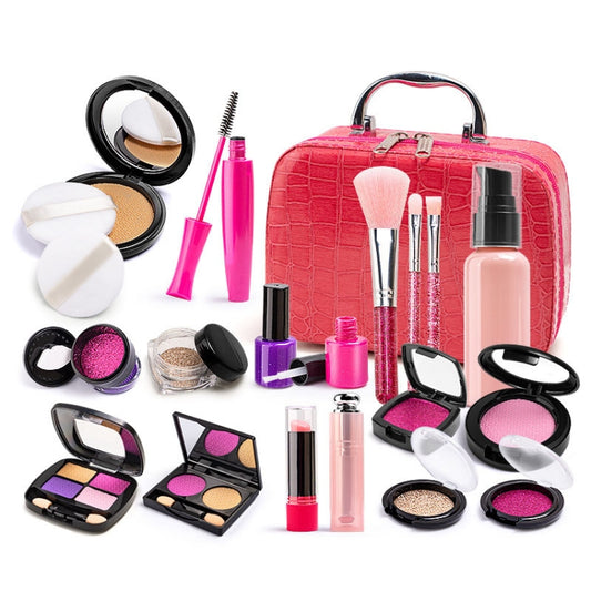 Ensemble de cosmétiques non toxiques pour maison de jeu, boîte de maquillage de simulation pour filles, sac en cuir rose 21 en 1, sac en cuir orange 21 en 1, sac OPP 20 en 1