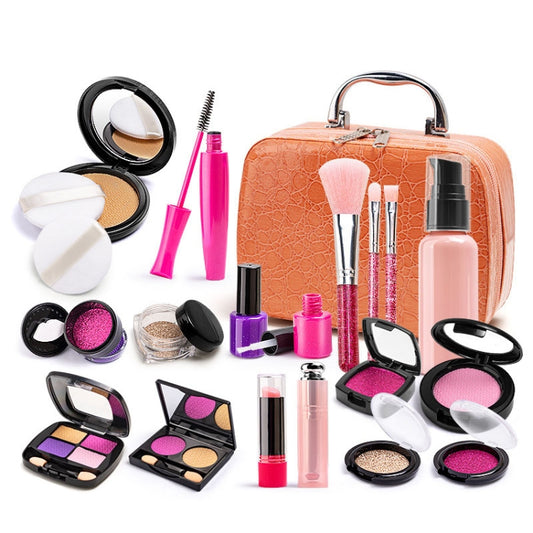 Ensemble de cosmétiques non toxiques pour maison de jeu, boîte de maquillage de simulation pour filles, sac en cuir rose 21 en 1, sac en cuir orange 21 en 1, sac OPP 20 en 1