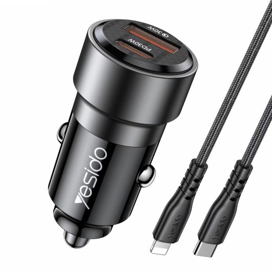 Chargeur de voiture QC3.0+PD30W Type-C/USB-C+USB Double Port Charge Rapide, Yesido Y54 avec câble 8 broches vers Type-C/USB-C, Yesido Y55 avec câble double port Type-C/USB-C