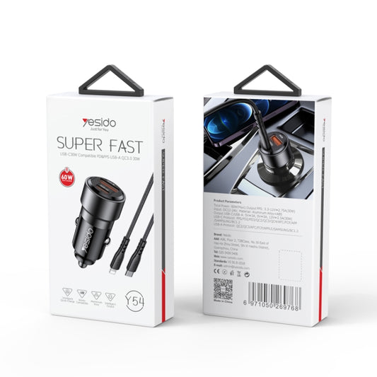 Chargeur de voiture QC3.0+PD30W Type-C/USB-C+USB Double Port Charge Rapide, Yesido Y54 avec câble 8 broches vers Type-C/USB-C, Yesido Y55 avec câble double port Type-C/USB-C