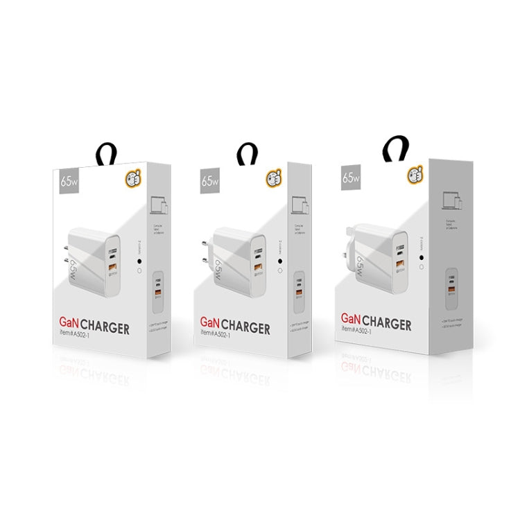 A502 65W USB-C/Type-C+USB Dual Port GaN Charger QC3.0 Laptop Universal Charger, EU Plug Black, EU Plug White, US Plug Black, US Plug White, UK Plug Black, UK Plug White
