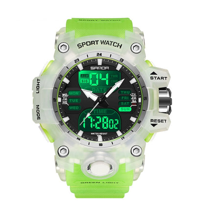 Réveil SANDA Green Light, multifonctionnel, étanche, antichoc, montre transparente