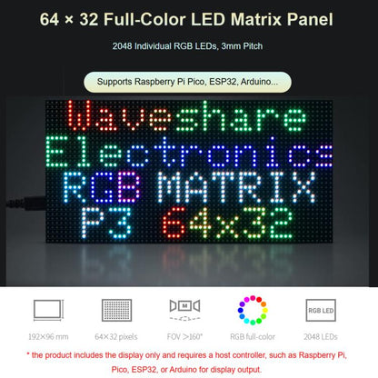 Panneau matriciel LED couleur RGB Waveshare, pas de 3 mm, 64 × 32 pixels, luminosité réglable, 20117, 33840