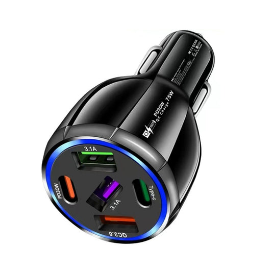 Chargeur de voiture à charge rapide pour téléphone portable 3USB+2PD 75W double ligne, Noir, Blanc