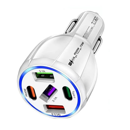 3USB+2PD 75W Dual Line Car Mobile Phone Fast Charging Charger, Black, White