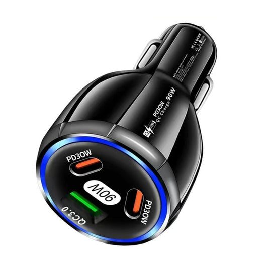 Chargeur de voiture USB-C 90W Super Charge Rapide Double PD 30W+QC3.0, Station de charge, Noir, Blanc