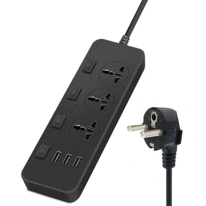 T14 2m 2500W 3 Plugs + 3-USB Ports Multifunctional Socket With Switch, UK Plug (Black), UK Plug (White), US Plug (Black), US Plug (White), EU Plug (Black), EU Plug (White)