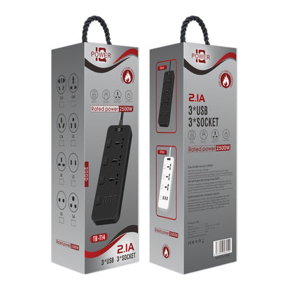 T14 2m 2500W 3 Plugs + 3-USB Ports Multifunctional Socket With Switch, UK Plug (Black), UK Plug (White), US Plug (Black), US Plug (White), EU Plug (Black), EU Plug (White)