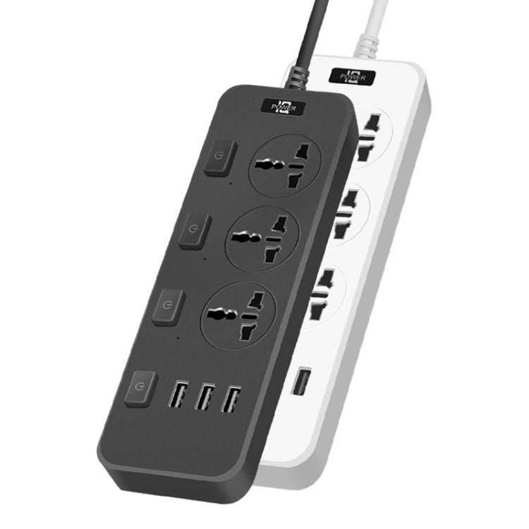 T14 2m 2500W 3 Plugs + 3-USB Ports Multifunctional Socket With Switch, UK Plug (Black), UK Plug (White), US Plug (Black), US Plug (White), EU Plug (Black), EU Plug (White)