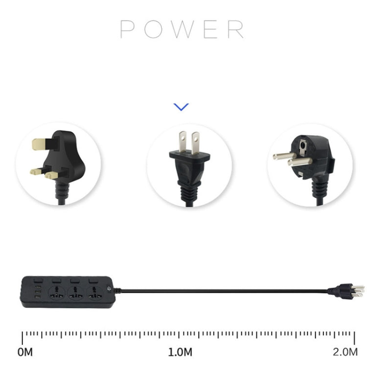 T14 2m 2500W 3 Plugs + 3-USB Ports Multifunctional Socket With Switch, UK Plug (Black), UK Plug (White), US Plug (Black), US Plug (White), EU Plug (Black), EU Plug (White)