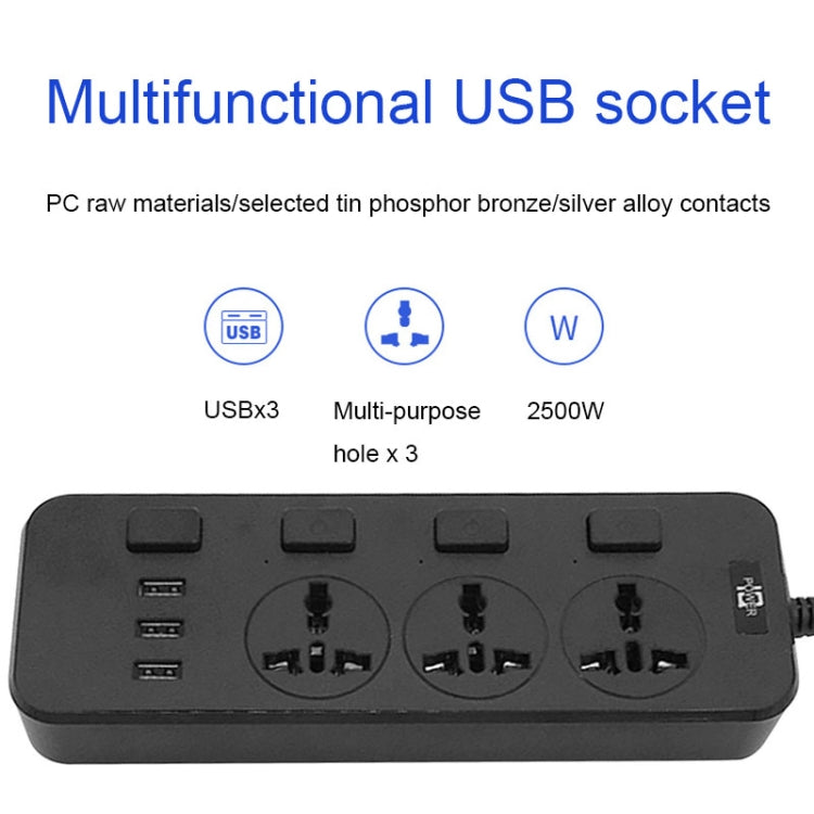 T14 2m 2500W 3 Plugs + 3-USB Ports Multifunctional Socket With Switch, UK Plug (Black), UK Plug (White), US Plug (Black), US Plug (White), EU Plug (Black), EU Plug (White)