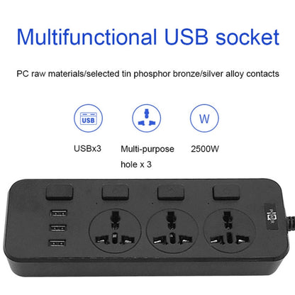 T14 2m 2500W 3 Plugs + 3-USB Ports Multifunctional Socket With Switch, UK Plug (Black), UK Plug (White), US Plug (Black), US Plug (White), EU Plug (Black), EU Plug (White)