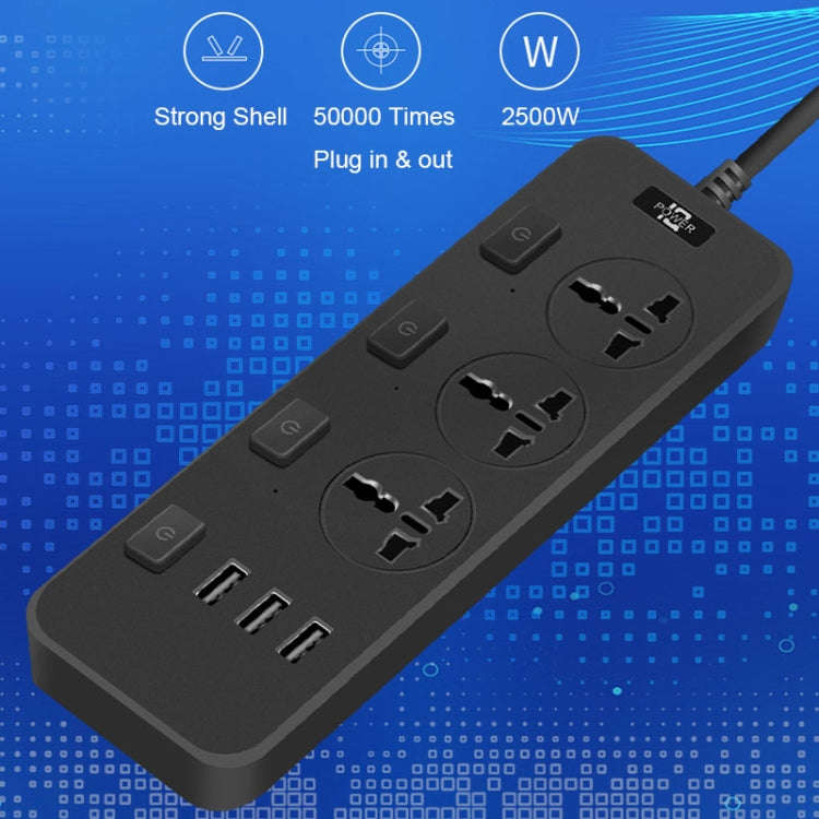 T14 2m 2500W 3 Plugs + 3-USB Ports Multifunctional Socket With Switch, UK Plug (Black), UK Plug (White), US Plug (Black), US Plug (White), EU Plug (Black), EU Plug (White)