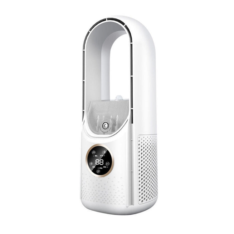 Ventilateur électrique de bureau sans pales avec humidification, six vitesses réglables et fonction de minuterie lumineuse à LED.