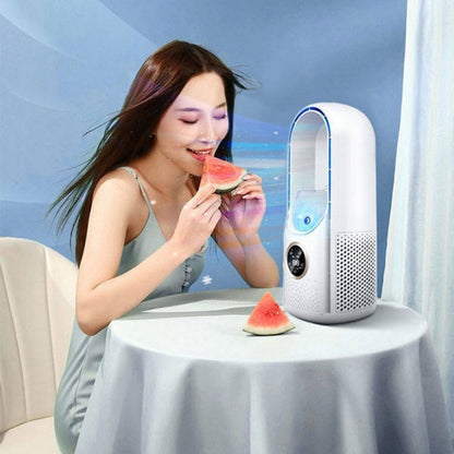Ventilateur électrique de bureau sans pales avec humidification, six vitesses réglables et fonction de minuterie lumineuse à LED.