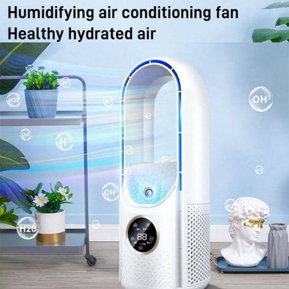 Ventilateur électrique de bureau sans pales avec humidification, six vitesses réglables et fonction de minuterie lumineuse à LED.