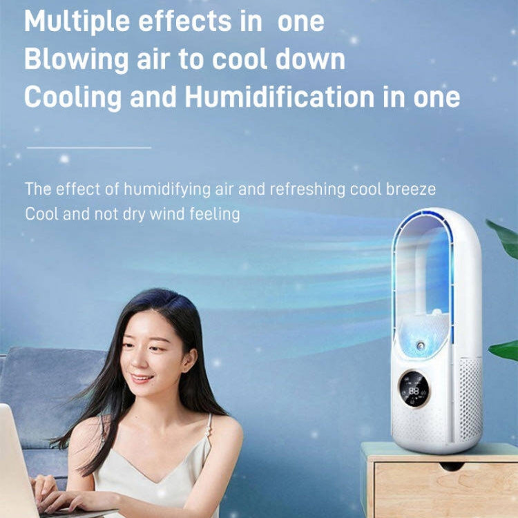 Ventilateur électrique de bureau sans pales avec humidification, six vitesses réglables et fonction de minuterie lumineuse à LED.