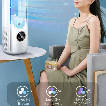 Ventilateur électrique de bureau sans pales avec humidification, six vitesses réglables et fonction de minuterie lumineuse à LED.