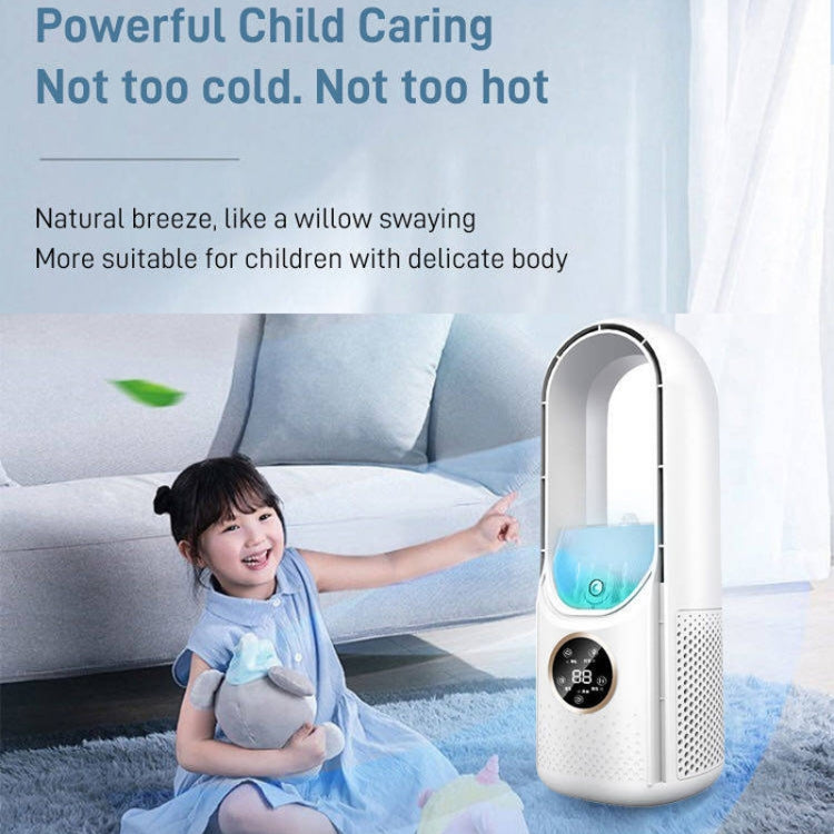 Ventilateur électrique de bureau sans pales avec humidification, six vitesses réglables et fonction de minuterie lumineuse à LED.