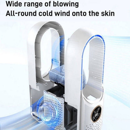 Ventilateur électrique de bureau sans pales avec humidification, six vitesses réglables et fonction de minuterie lumineuse à LED.