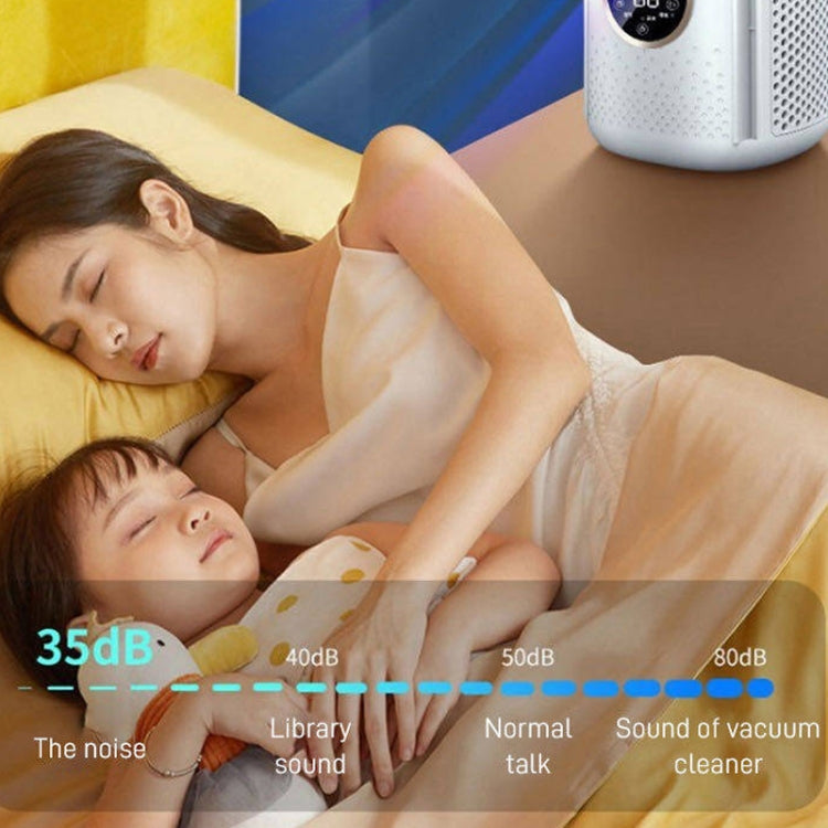 Ventilateur électrique de bureau sans pales avec humidification, six vitesses réglables et fonction de minuterie lumineuse à LED.