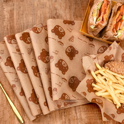 100sheets /Pack Bear Pattern Greaseproof Paper Baking Wrapping Paper Food Basket Liners Paper, 15x15cm, 18x18cm, 20x20cm, 22x22cm, 25x25cm, 20x30cm, 30x30cm, 30x40cm